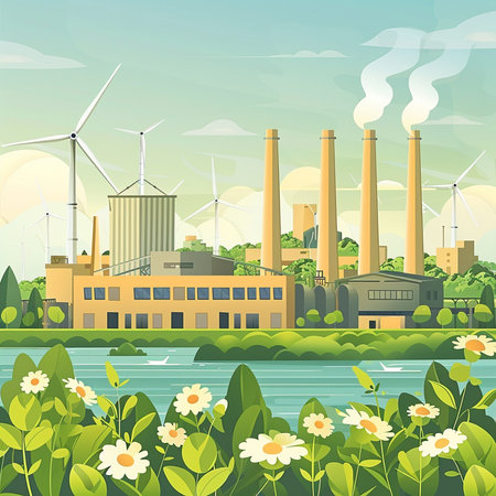 Industrial landscape with wind power plant and river. Vector illustration.の素材