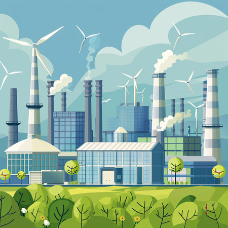 Ecology concept with factory and wind turbines. Vector illustration in flat styleの素材
