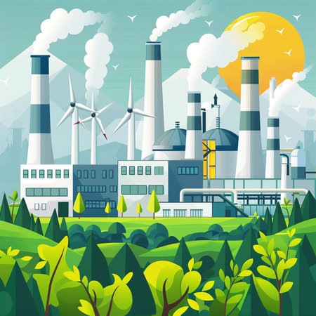 Ecology background with industrial plant and wind turbines. Vector illustration.の素材