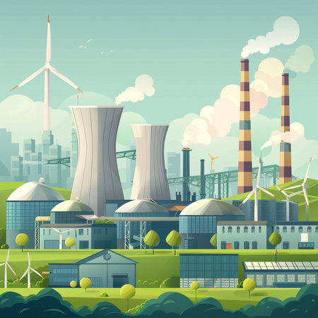 Industrial landscape with power plant and wind turbines. Vector illustration.の素材