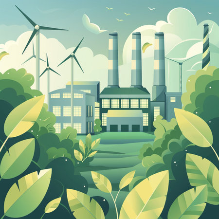 Ecology and environmental concept. Vector illustration of factory with wind turbines.の素材