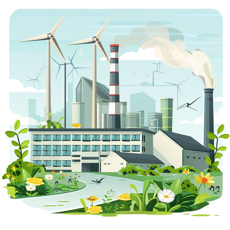 Power plant with wind turbines. Vector illustration in flat cartoon style.の素材