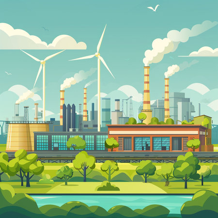 Industrial landscape with power plant and wind turbines. Vector illustration.の素材