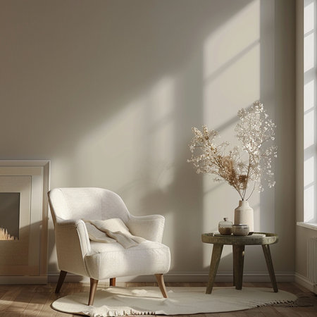 interior with white armchair and vase with flowers, 3d renderの素材