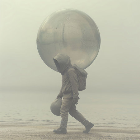 Man carrying a big heavy metal ball on his back in a foggy dayの素材