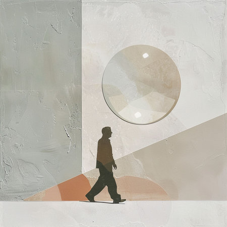 Silhouette of a man walking in front of a large transparent sphereの素材