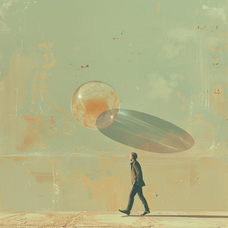 Businessman walking with a huge planet in his hand, retro styleの素材