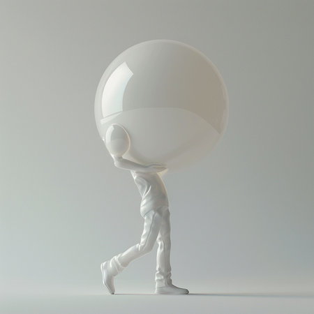 3d illustration of a white man walking with a big white ballの素材