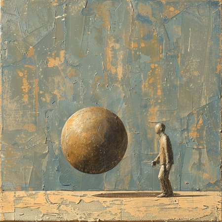 Abstract image of a man standing on a table and looking at a sphereの素材