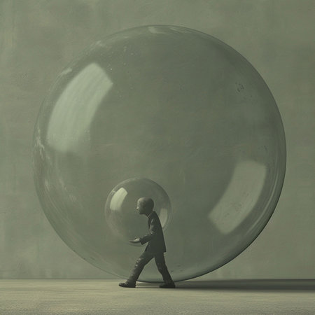 Businessman pushing a big glass ball in an empty room with concrete wallの素材