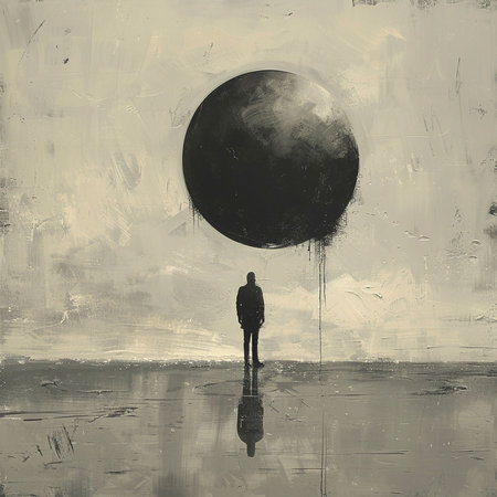 Man standing in front of the big moon in grunge style.の素材