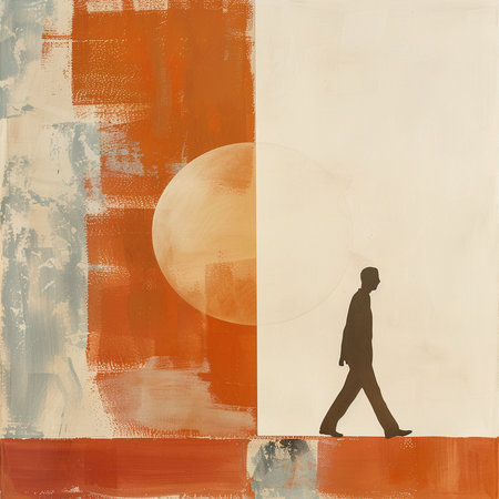 Man walking on an abstract background with space for text or image.の素材