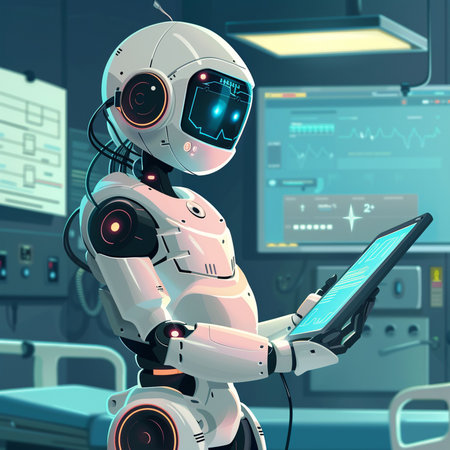 Robot holding tablet computer in the operating room. Vector illustration.の素材
