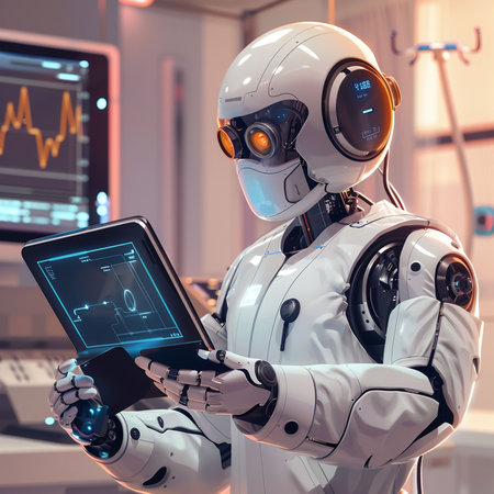 3d rendering humanoid robot working with tablet pc computer in modern officeの素材