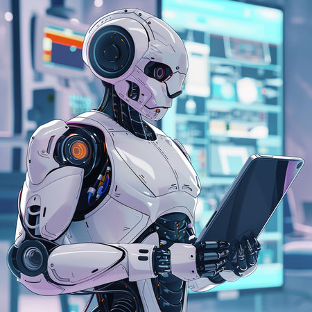 Robot with a tablet in his hands. 3d illustration.の素材