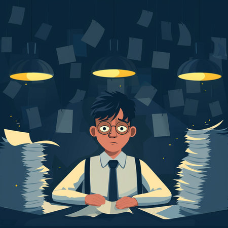 Businessman sitting at the table in the dark office. Vector illustrationの素材