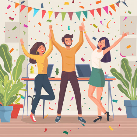 Happy young people celebrating at the party. Vector illustration in flat styleの素材