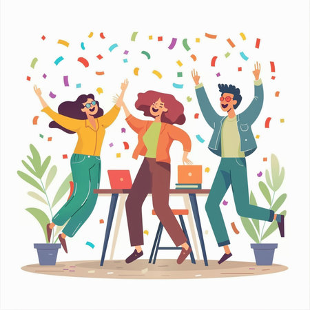 Happy young people celebrating success at office party with confetti, flat vector illustration.の素材