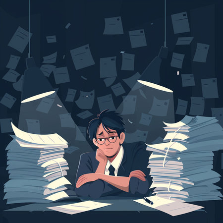 Cartoon vector illustration of a man sitting at his desk with piles of paper.の素材