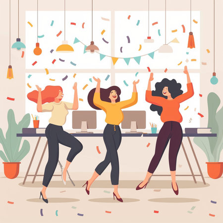 Happy Women Celebrating New Year at Workplace in Office. Vector Illustrationの素材