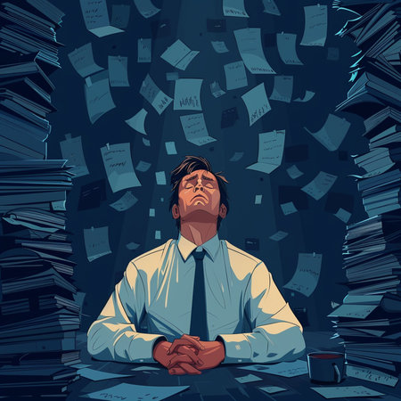 Vector illustration of a man sitting at his desk surrounded by piles of papers.の素材