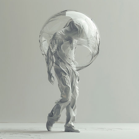 3d render of young man in white cloth with transparent sphere.の素材