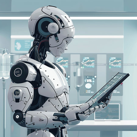 Robot with tablet pc in the laboratory. 3D rendering.の素材