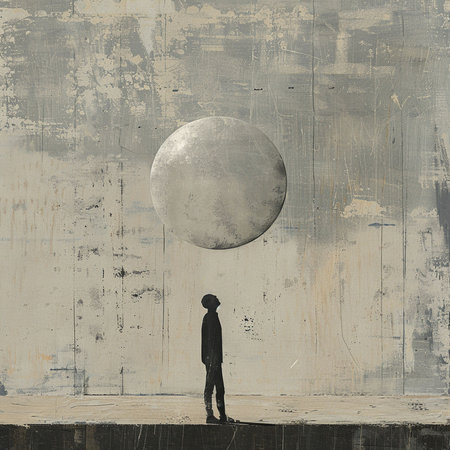 Silhouette of a man looking at the moon on the wallの素材