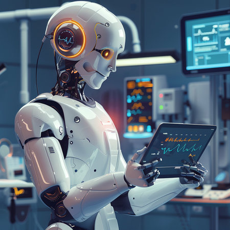 3d rendering humanoid robot with tablet pc computer in modern medical officeの素材