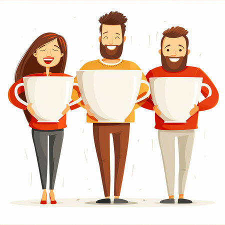 People with cups of coffee or tea in their hands. Cartoon vector illustration.の素材