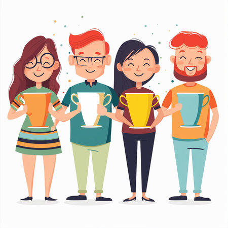 Happy people with trophy and cup. Teamwork concept. Vector illustrationの素材