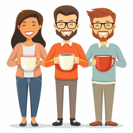 Group of people holding cups of coffee. Vector illustration in cartoon style.の素材