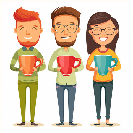 Group of people holding cups of coffee. Vector illustration in cartoon styleの素材