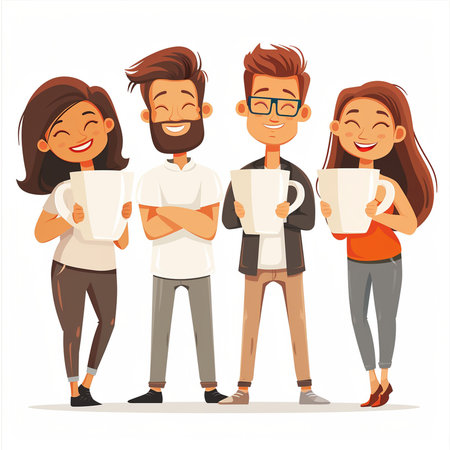 Group of happy people holding cups of coffee. Vector illustration in cartoon styleの素材