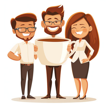 Coffee break. Cheerful business people drinking coffee. Cartoon vector illustration.の素材