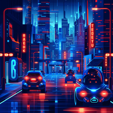 Night city street with cars, road and neon lights, vector illustrationの素材