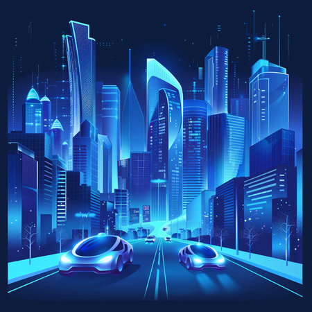 Night city background with road, skyscrapers and cars. Vector illustration.の素材
