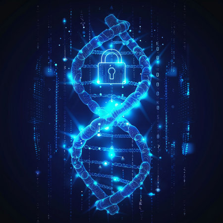 abstract futuristic digital DNA molecule with lock on blue background, cyber security conceptの素材