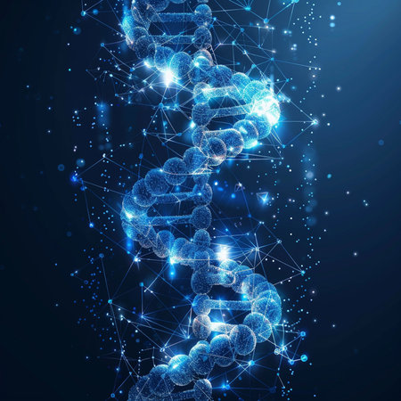 DNA molecule structure on blue background. 3d illustration. Polygonal designの素材