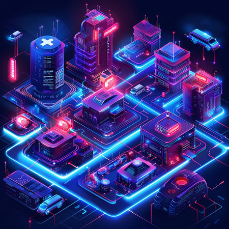 Isometric data center, server room, data center with neon lights, ultraviolet ultraviolet ultraviolet background, vector illustrationの素材