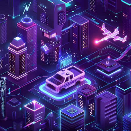 Vector isometric illustration of a city with buildings, skyscrapers and police carの素材