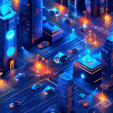 Isometric futuristic city at night. High-rise buildings, skyscrapers and high-rise buildings. 3d renderingの素材