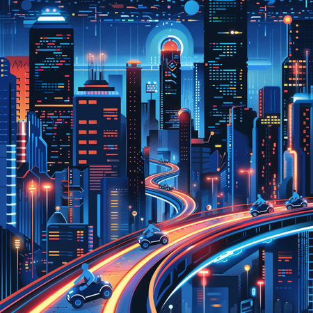 Night city road with cars and skyscrapers. Vector illustration.の素材