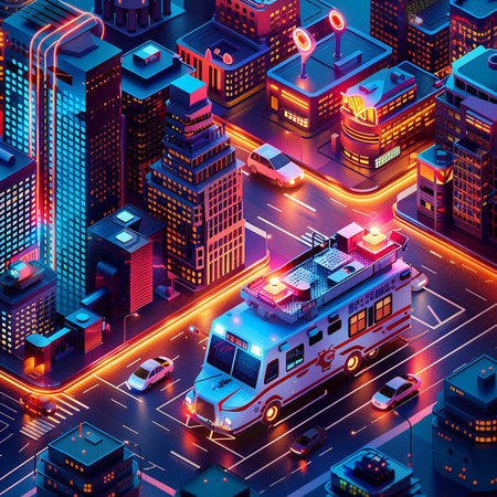 City night life isometric background with buildings, cars, roads and lights.の素材