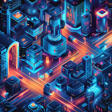 Isometric futuristic city with neon lights. 3d vector illustration.の素材