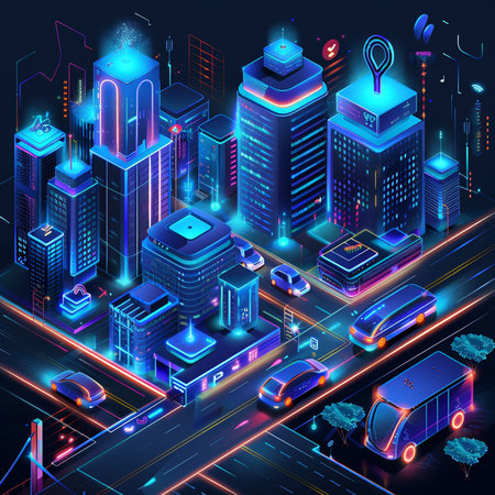 City isometric concept. Skyscrapers, buildings, streets and traffic lights on blue background. Vector illustrationの素材