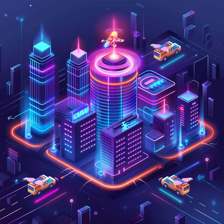 Isometric futuristic night city. High-rise buildings, skyscrapers, cars and roads. 3d vector illustration.の素材