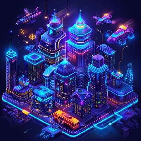 Vector isometric illustration of futuristic city with neon lights on dark backgroundの素材