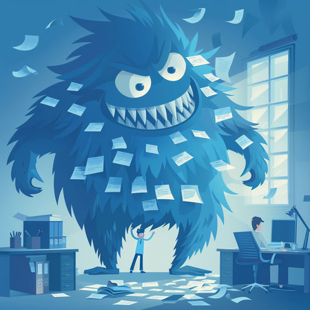 Funny cartoon monster. Vector illustration of a monster in the office.の素材