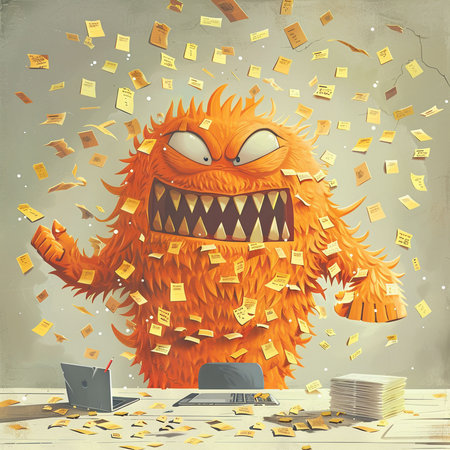 Funny cartoon monster with computer and falling notes. Vector illustration.の素材